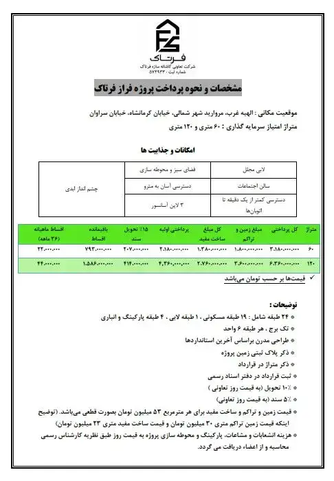 مشخصات و نحوه پرداخت پروژه فراز فرتاک
