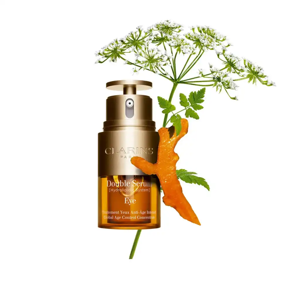 سرم دور چشم کلارینس مدل Double Serum با فرمولاسیون ضد پیری و ترکیبات طبیعی برای تقویت و جوان‌سازی پوست حساس دور چشم.