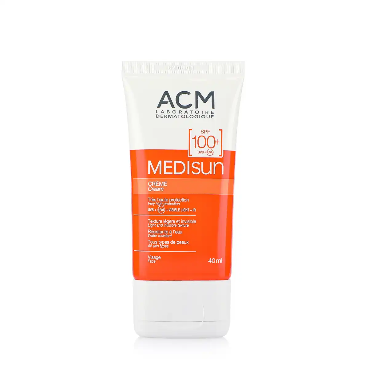 کرم ضد آفتاب ACM با SPF 100+ محافظت بسیار قوی در برابر UVB، UVA و نور مرئی، سبک و مقاوم در برابر آب، مناسب انواع پوست صورت، حجم ۴۰ میلی‌لیتر.