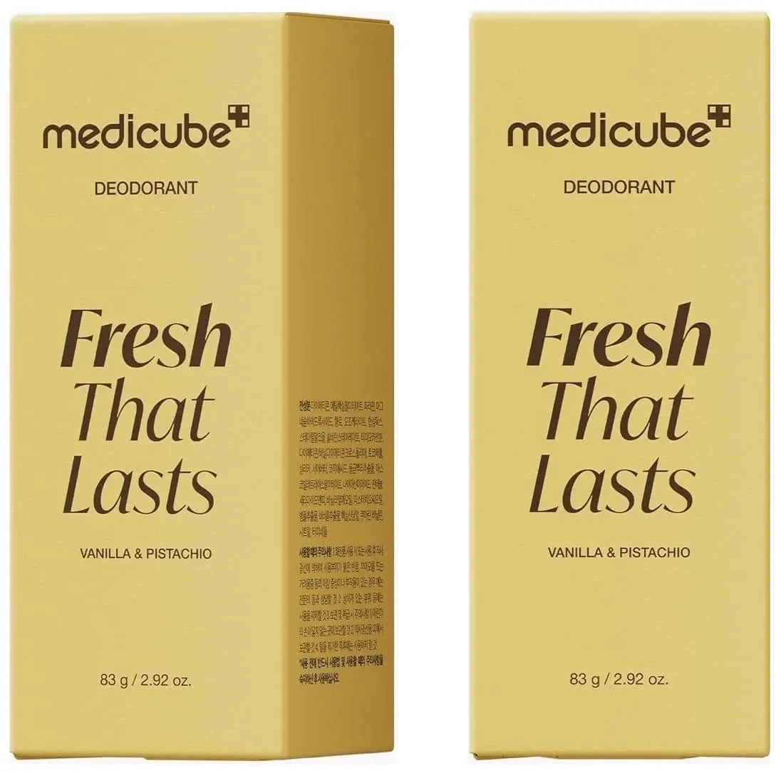 دو جعبه دئودورانت مدیکیوب مدل Fresh That Lasts با بسته‌بندی طلایی؛ یکی نمای روبه‌رو و دیگری نمای کناری را نشان می‌دهد