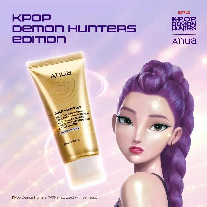 تیوب طلایی ماسک شب طلای ۲۴ و کلاژن آنوا کنار شخصیت کارتونی با موهای بنفش در طرح KPop Demon Hunters