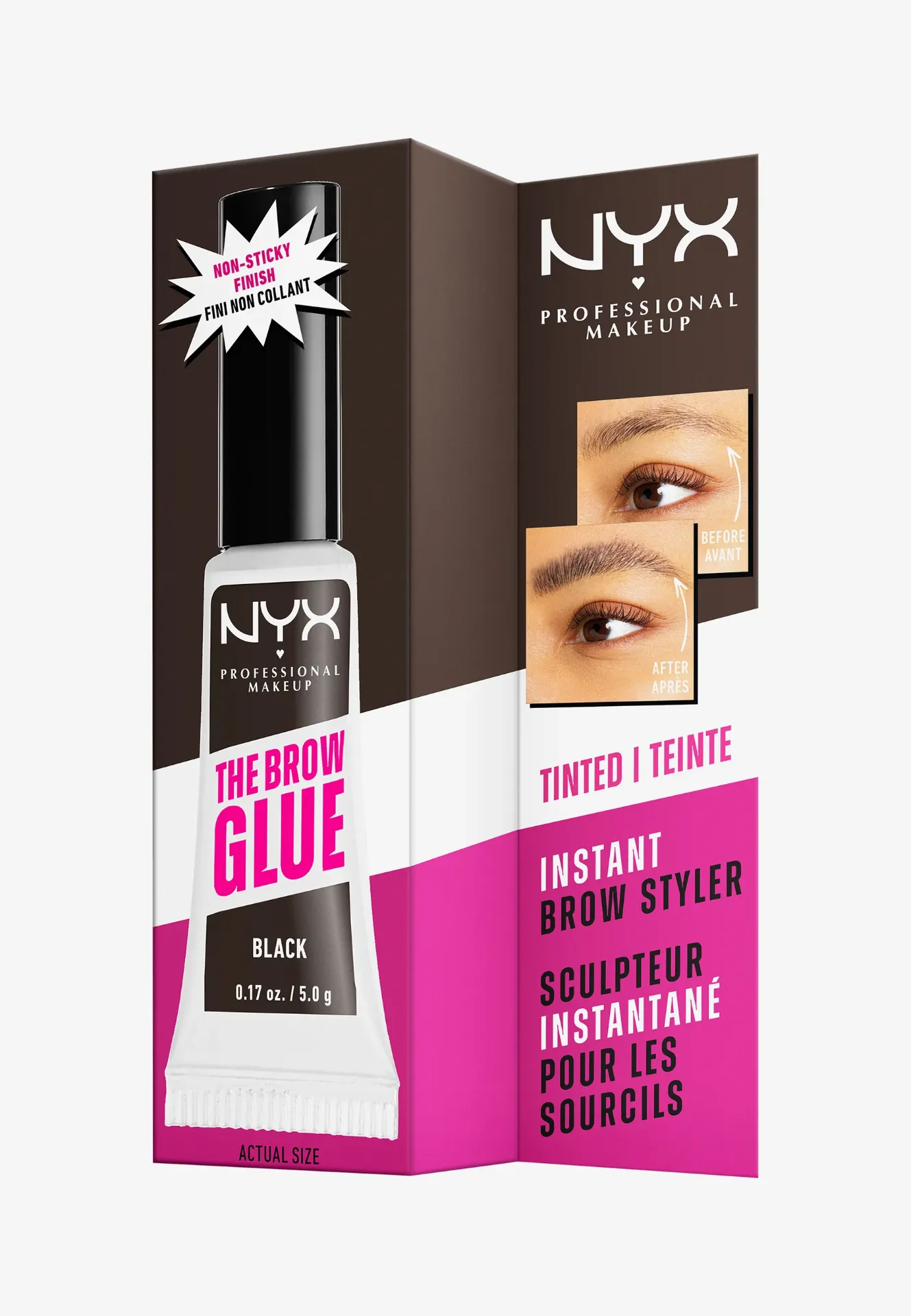 جعبه ژل ابرو نیکس The Brow Glue شماره ۰۳ با طراحی مشکی و صورتی، همراه با تصاویر کاربرد محصول روی ابرو