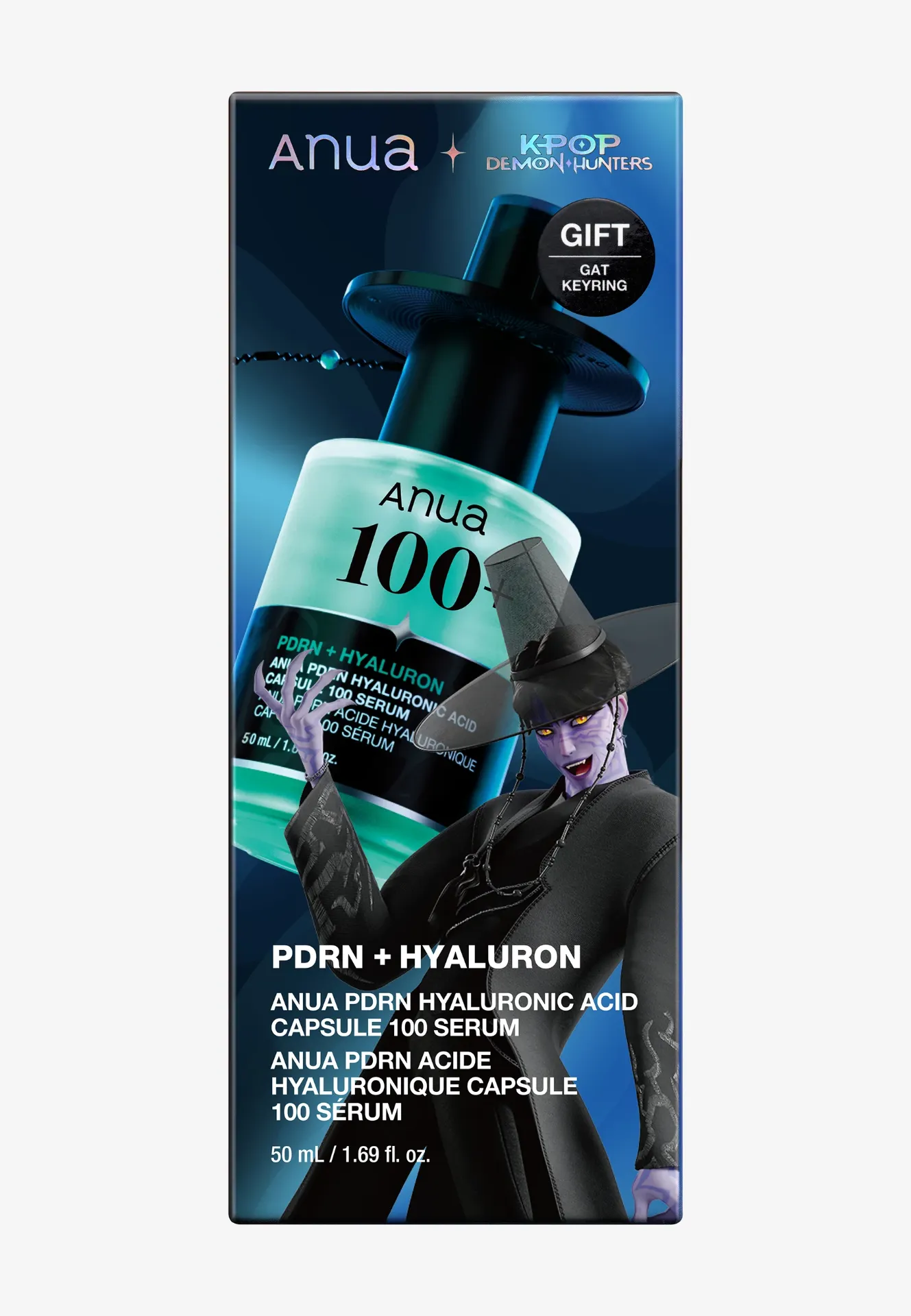 جعبه سرم آنوا مدل 100+ PDRN + HYALURON در نمای روبه‌رو، همراه با تصویر بطری و بسته‌بندی آبی و مشکی