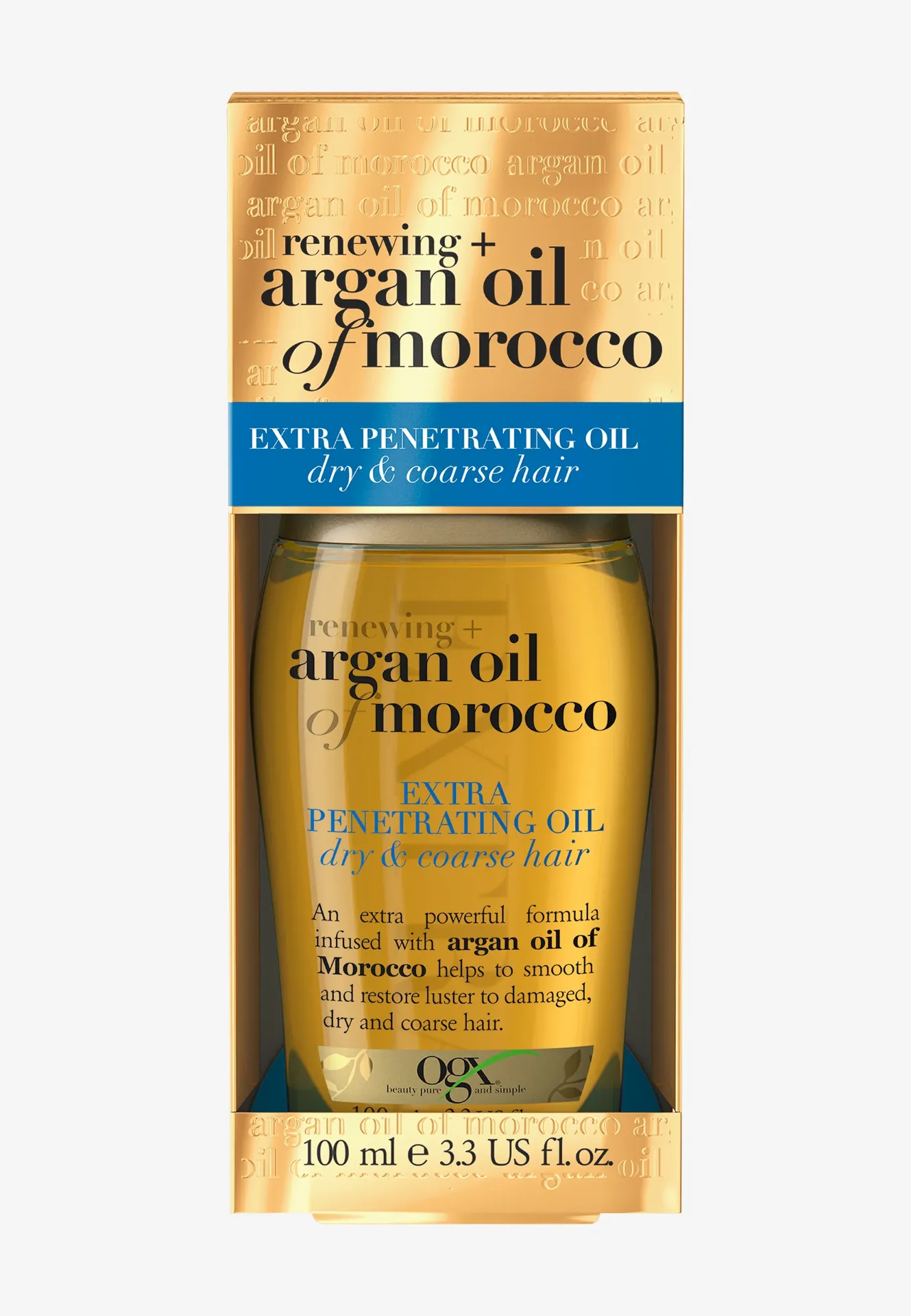 جعبه طلایی روغن مو او جی ایکس Extra Penetrating Oil با نوار آبی و بطری محصول درون آن، حجم ۱۰۰ میلی‌لیتر