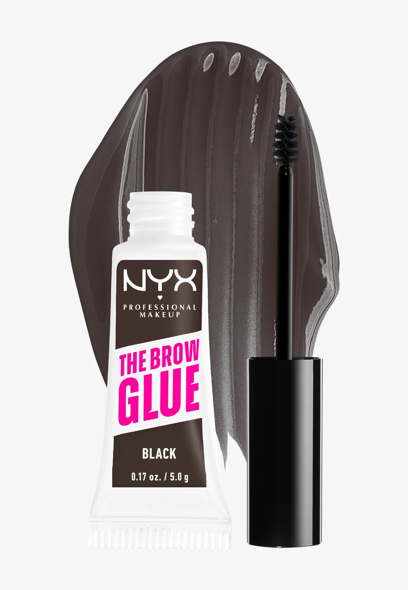 ژل ابرو نیکس The Brow Glue شماره ۰۳ و برس آن در برابر لکه‌ای از ژل قهوه‌ای تیره