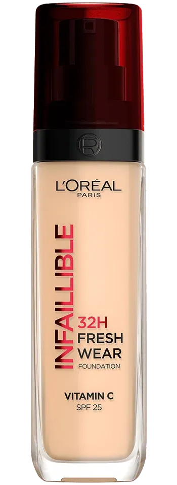 بطری کرم پودر ۳۲ ساعته لورآل Infaillible Fresh Wear با درپوش قرمز و بدنه شیشه‌ای شفاف