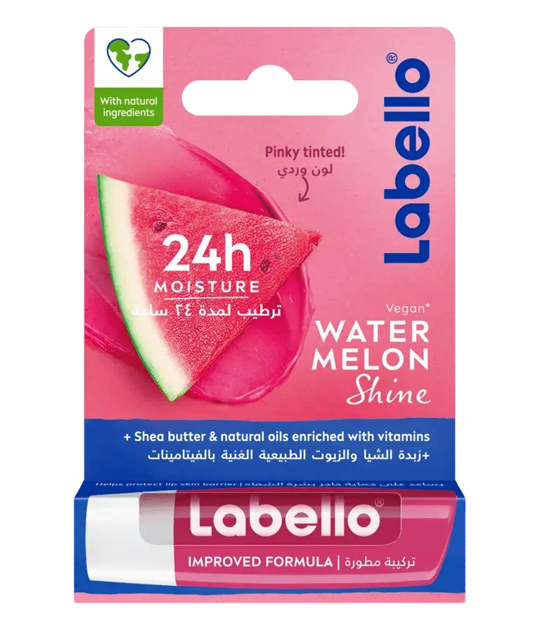 بالم لب هندونه لبلو مدل Watermelon Shine با بسته‌بندی صورتی و تیوب سفید و صورتی، همراه تصویر برش هندوانه