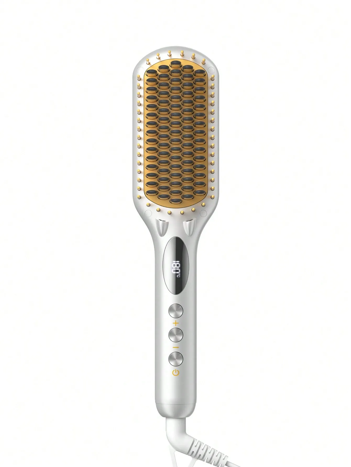 برس حرارتی صاف‌کننده مو شیگلم مدل Sleek Chic Triple Grip با بدنه سفید و صفحه‌ای از دندانه‌های مشکی و طلایی، نمای روبه‌رو