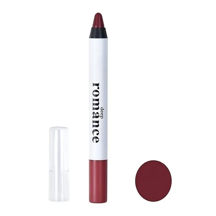 رژ لب مدادی مات سوپر لانگ دیپ رومنس با بدنه سفید، درپوش شفاف جداشده و swatch دایره‌ای زرشکی تیره