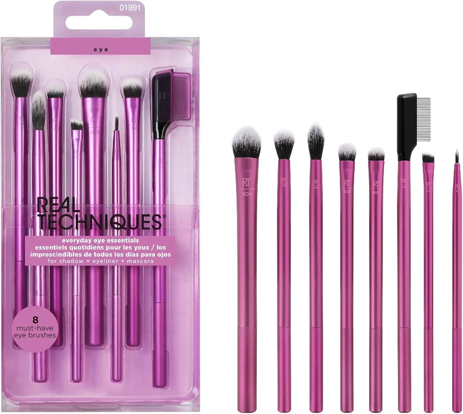 ست براش چشم ۸ عددی ریل تکنیکس مدل Everyday Eye Essentials در بسته‌بندی شفاف صورتی، همراه با هشت براش دسته‌صورتی و شانه مشکی