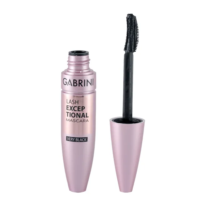 ریمل حجم‌دهنده گابرینی مدل Lash Exceptional با بدنه صورتی و برس مشکی جداشده از درپوش؛ روی محصول عبارت Very Black دیده می‌شود.