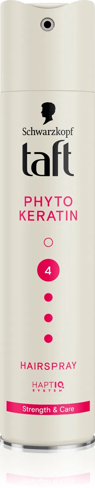 نمای نزدیک اسپری مو تافت مدل Phyto Keratin 4 با بسته‌بندی کرم‌رنگ، نوشته‌های صورتی و نازل اسپری در بالا