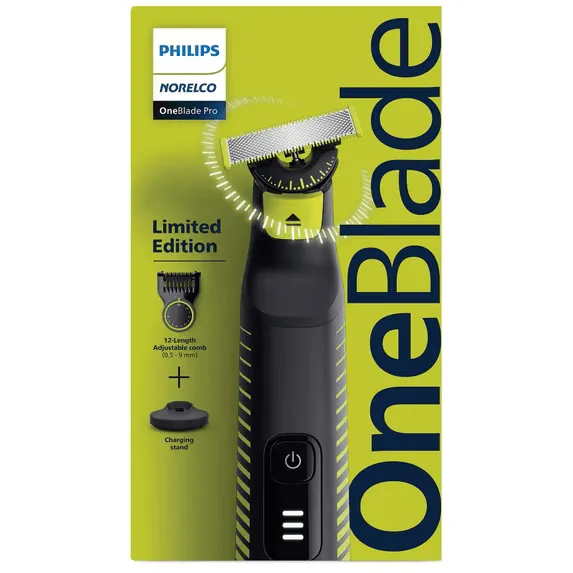 بسته‌بندی سبز ماشین اصلاح صورت شارژی فیلیپس OneBlade Pro مدل QP6507/70 با پایه شارژ و شانه اصلاح