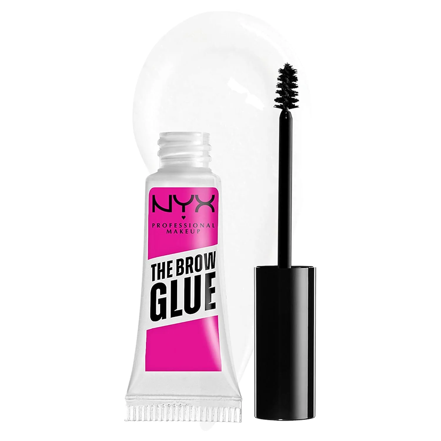 ژل ابرو نیکس The Brow Glue همراه با برس مشکی، در بسته‌بندی تیوبی سفید و صورتی با درپوش مشکی