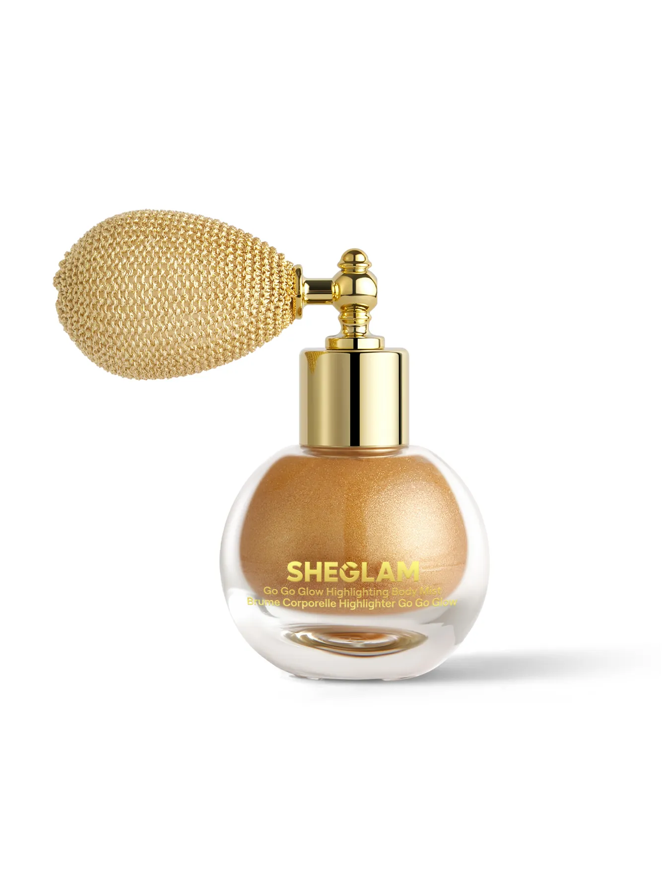 هایلایتر بدن شیگلم مدل Go Go Glow در بطری گرد شفاف با پمپ فلزی طلایی و پاف توری تزئینی