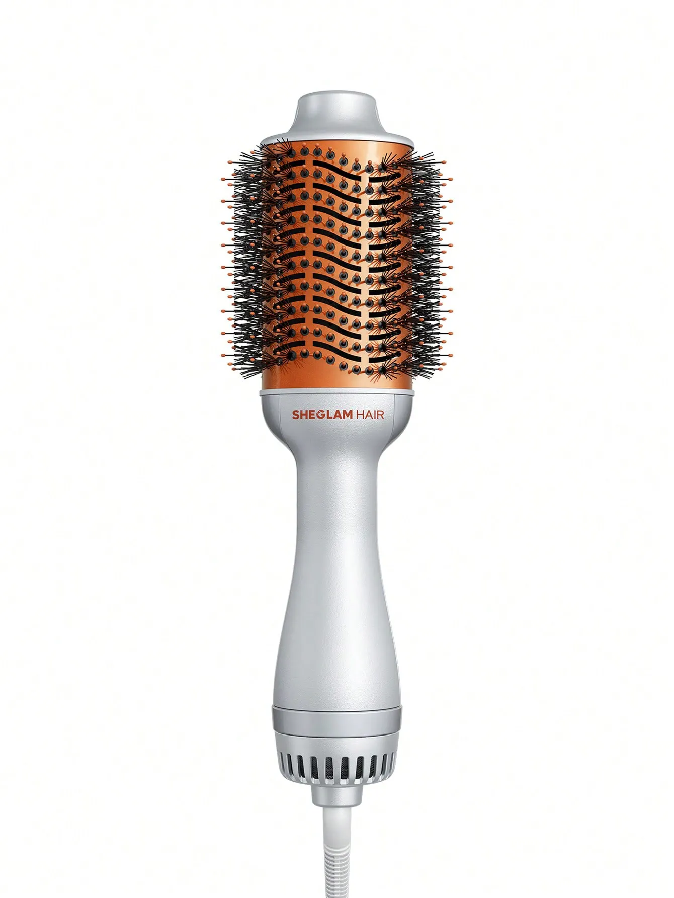 سشوار برس‌دار و حالت‌دهنده مو شیگلم مدل Blowout Bliss Volumizing با بدنه سفید و برس گرد بزرگ، نمای روبه‌رو