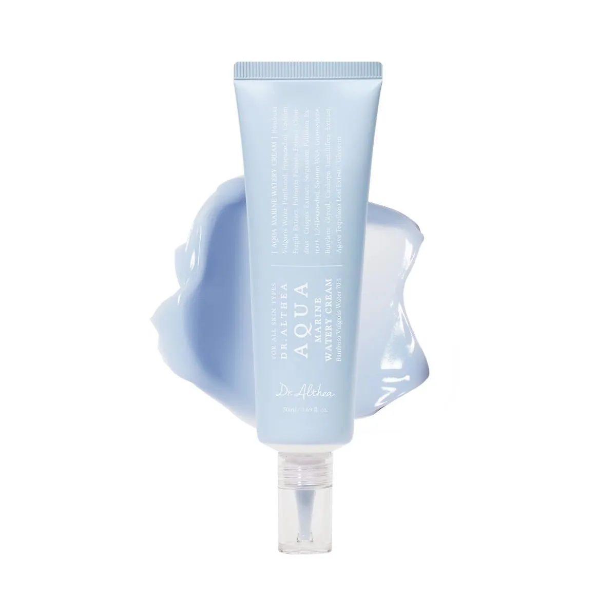 کرم آبرسان دریایی صورت دکتر آلتیا مدل Aqua Marine در تیوب آبی روشن با درپوش شفاف، روی زمینه سفید و کنار بافت کرمی