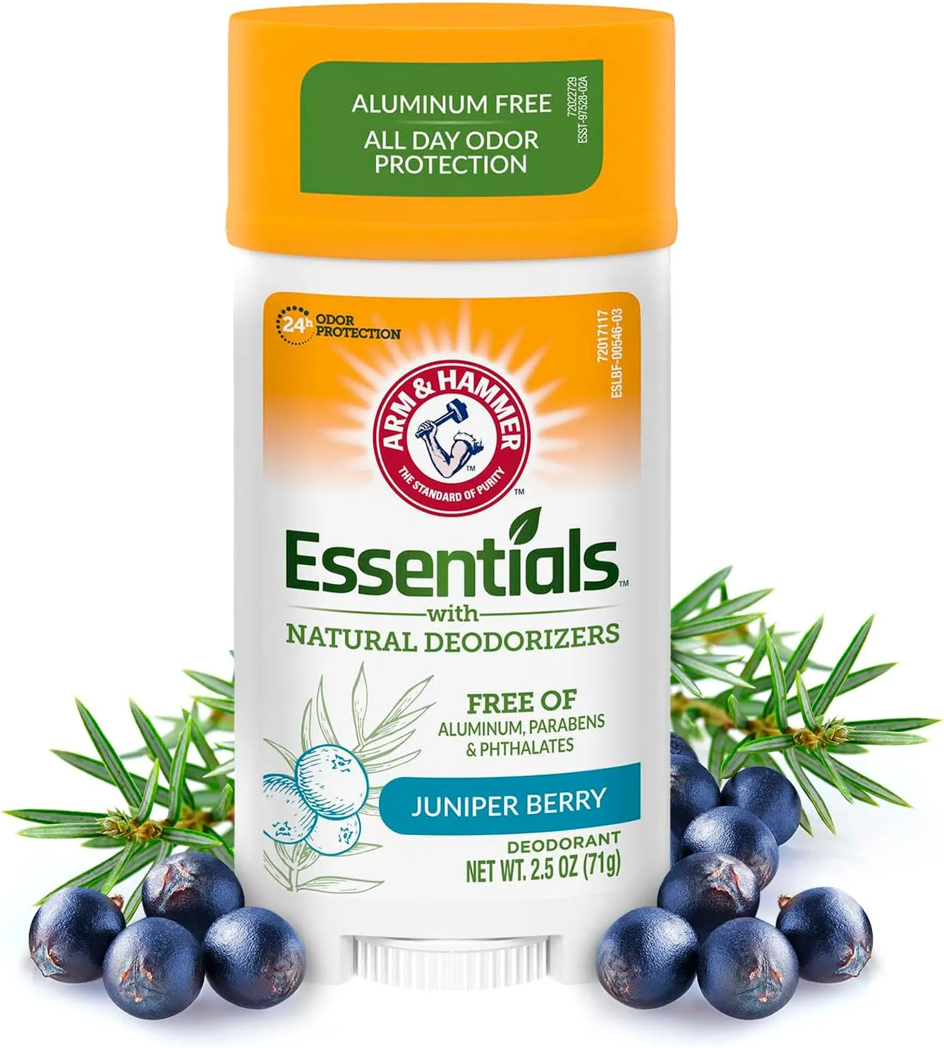 دئودورانت استیکی آرم اند همر مدل Essentials Juniper Berry با بسته‌بندی سفید و نارنجی، در نمای روبه‌رو کنار بلوبری و شاخه‌های گیاه سرو کوهی