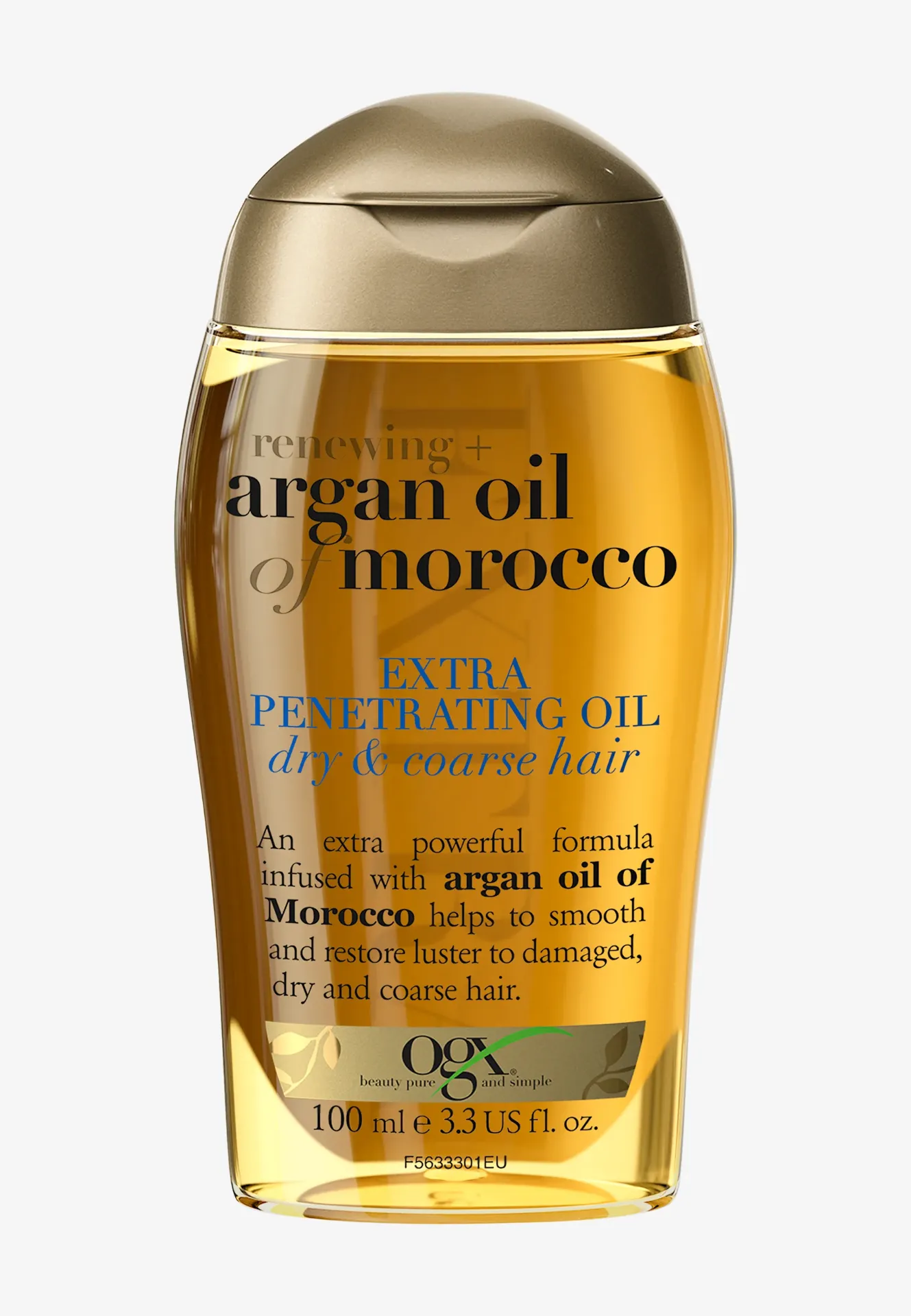 بطری روغن مو او جی ایکس مدل Extra Penetrating Oil با بسته‌بندی طلایی و مایع کهربایی، حجم ۱۰۰ میلی‌لیتر
