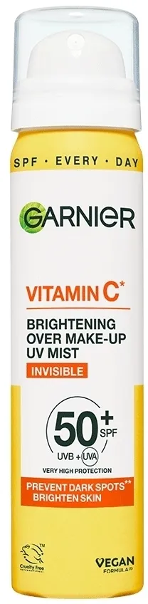 اسپری میست ضدآفتاب و روشن‌کننده گارنیر با ویتامین C، بسته‌بندی زرد و سفید و SPF 50+ با درپوش سفید