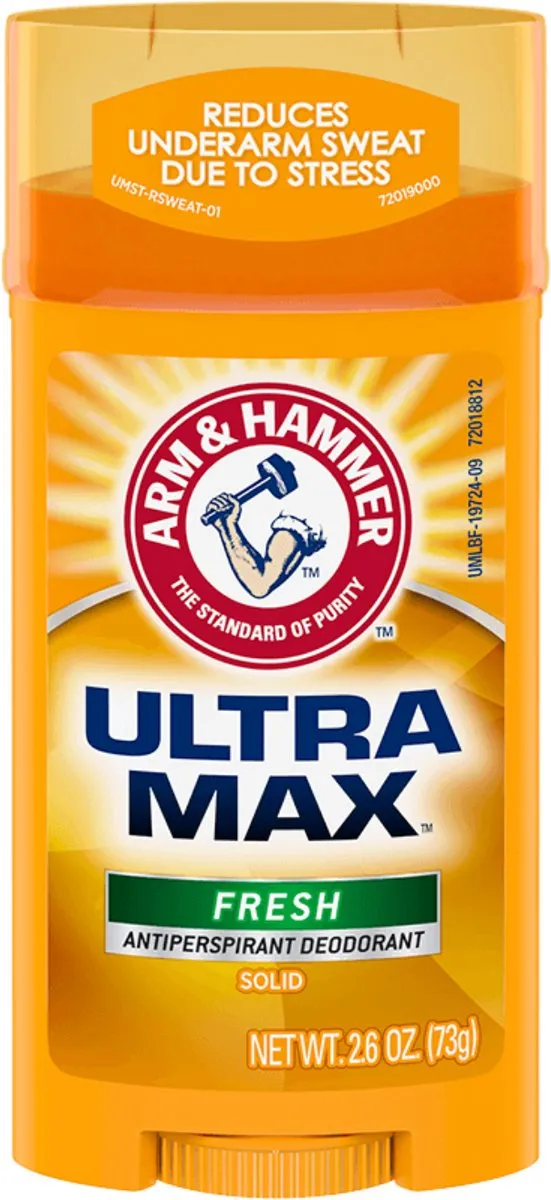 دئودورانت ضد تعریق جامد آرم اند همر مدل Ultra Max Fresh با بسته‌بندی نارنجی و زرد، نمای روبه‌رو