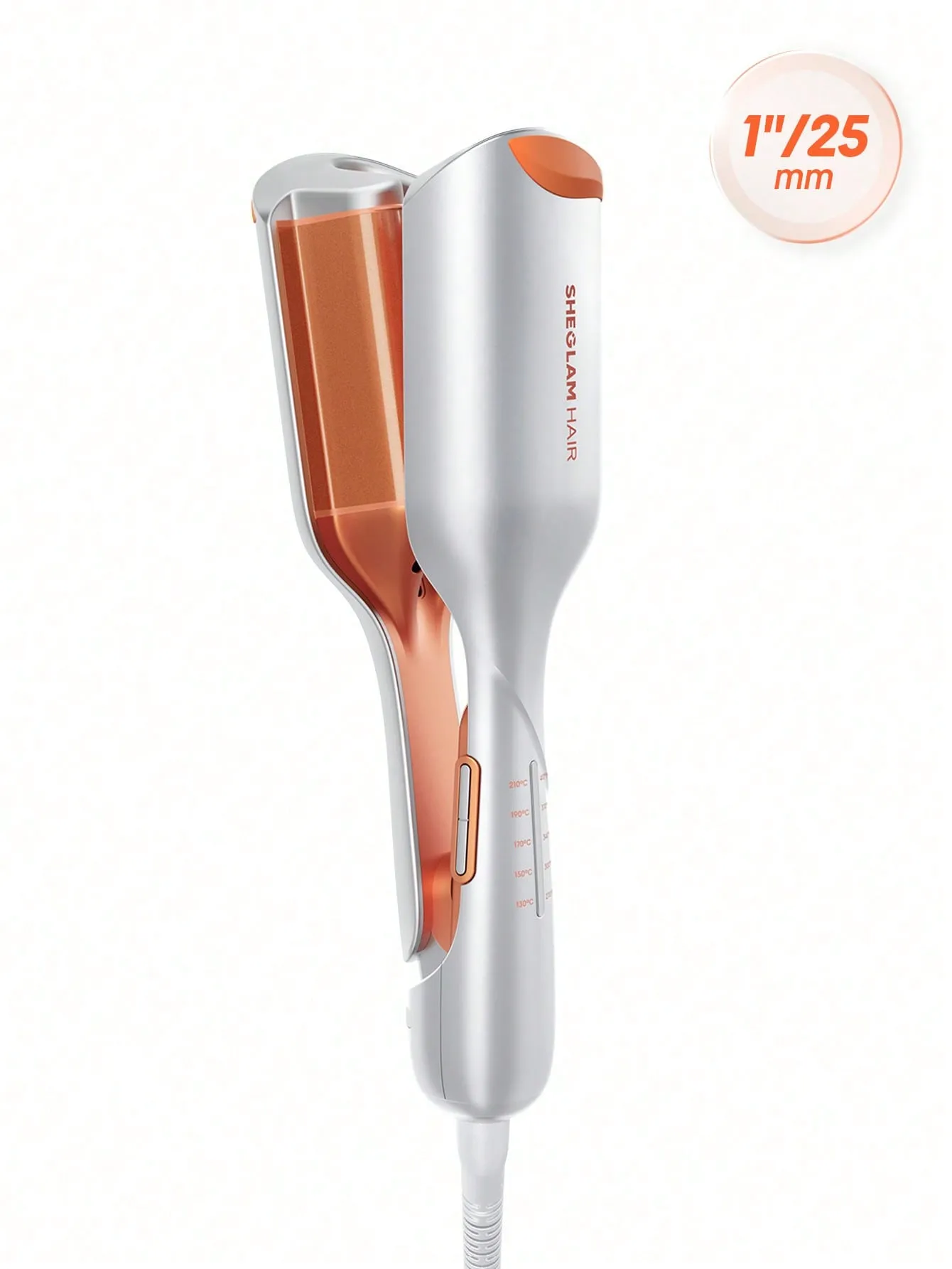 فر کننده مو شیگلم مدل Beach Babe Hair Waver با بدنه نقرهای و صفحات داخلی مسی، نمای روبهرو و کابل متصل