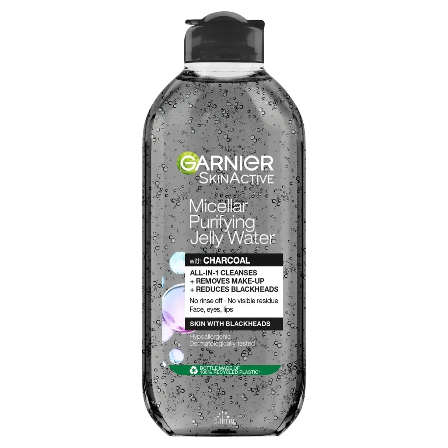 بطری ژل پاک‌کننده آرایش گارنیر مدل CHARCOAL با مایع شفاف حباب‌دار و درپوش مشکی، نمای روبه‌رو