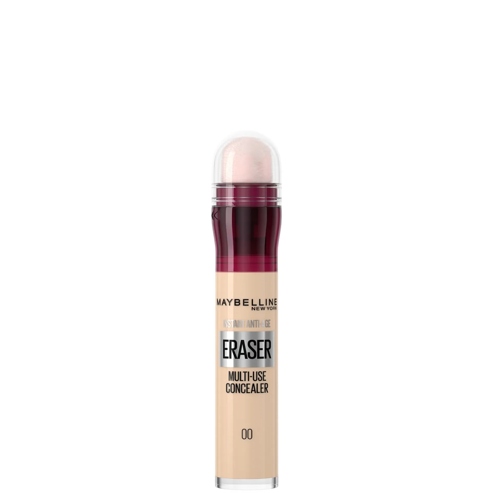 کانسیلر میبلین مدل Instant Anti-Age Eraser با بسته‌بندی استوانه‌ای، اپلیکاتور اسفنجی و شماره رنگ 00