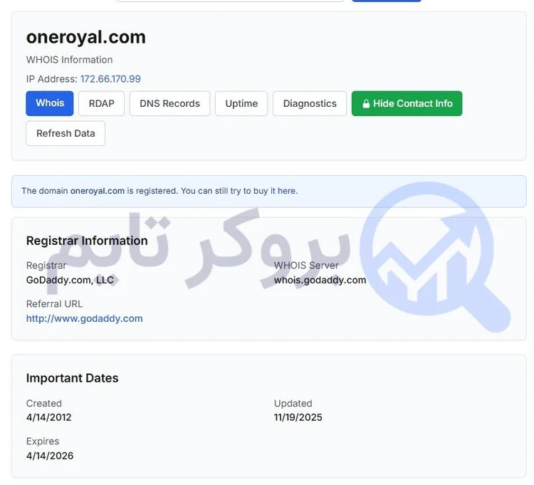 وان رویال | OneRoyal 7 بررسی دامنه وب سایت وان رویال | بروکر تایم