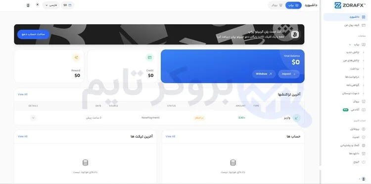زورا اف ایکس | ZoraFX 13 پنل کاربری یا داشبورد ZoraFX