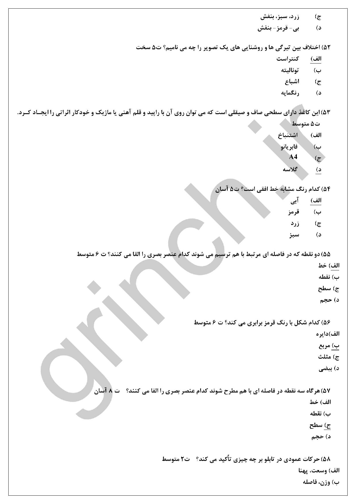 دانلود نمونه سوالات طراحی اولیه فنی حرفه ای با جواب pdf (ویرایش 1404)