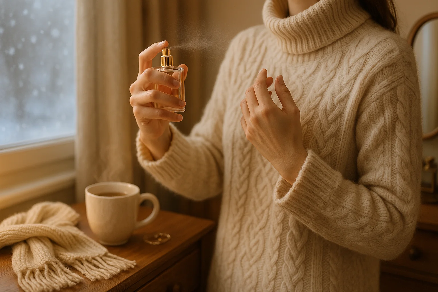اسپری کردن عطر زمستانی زنانه دستهای زنی در حال اسپری کردن عطر زمستانی روی لباس یا گردن در فضای گرم و صمیمی داخل خانه.