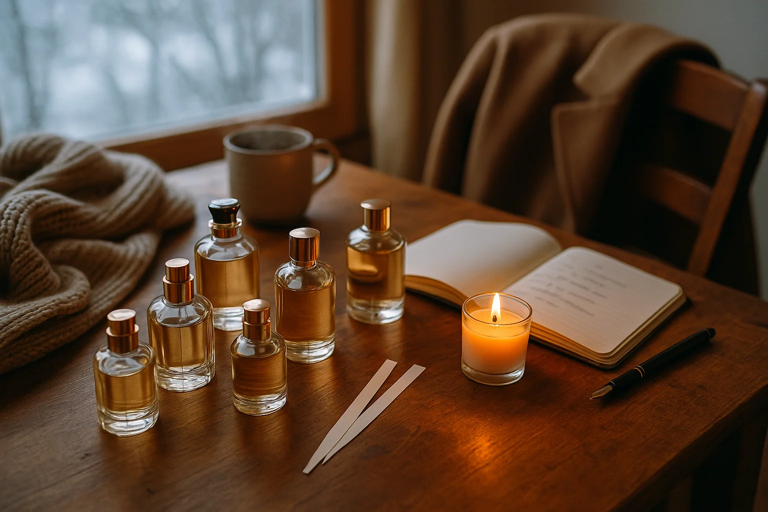 میز تست عطر زمستانی میز چوبی با چند شیشه عطر، بلاترهای تست، دفترچه یادداشت، مداد، شال بافتنی و فنجان نوشیدنی گرم در نور سرد زمستانی.