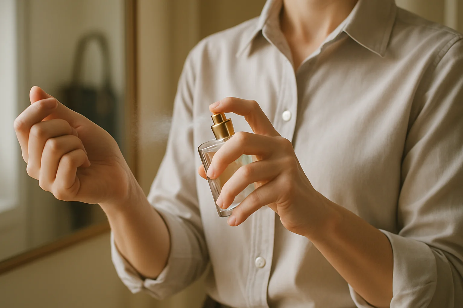 زدن عطر ملایم قبل از رفتن به محل کار کلوزآپ دستهای فردی با لباس کاری مرتب که جلوی آینه، مقدار کمی عطر را روی مچ دست خود اسپری میکند.
