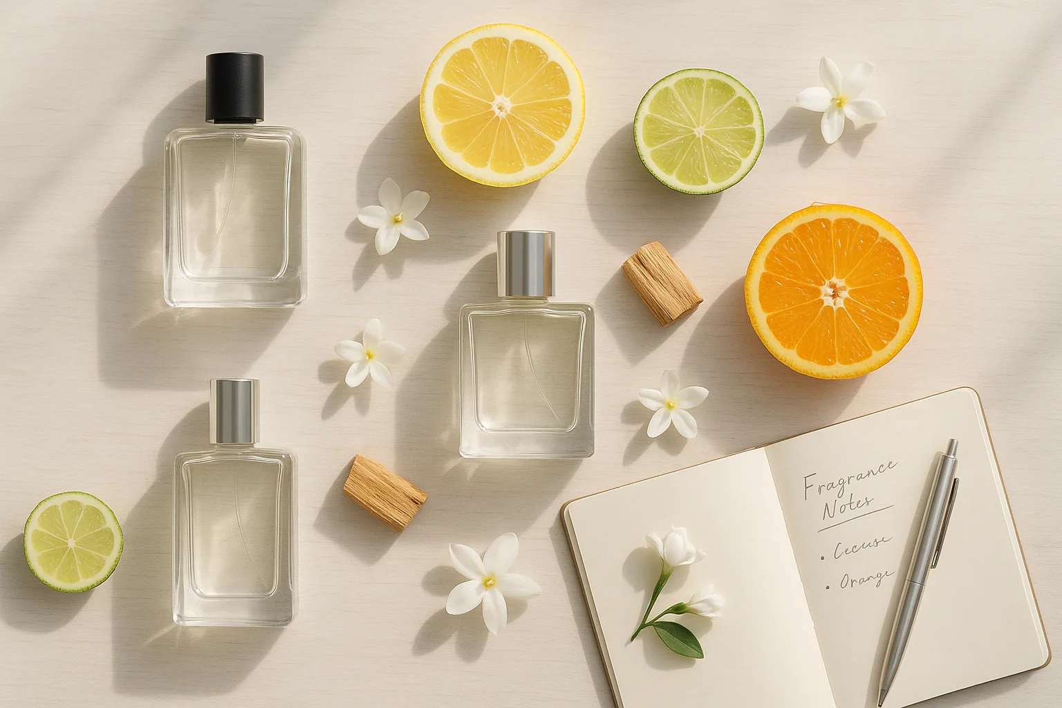 نمونهای از خانوادههای بویایی مناسب محیط کار چند شیشه عطر مینیمال در کنار برشهای مرکبات، گلهای سفید و تکه چوب روی میز روشن بههمراه دفترچه و خودکار.