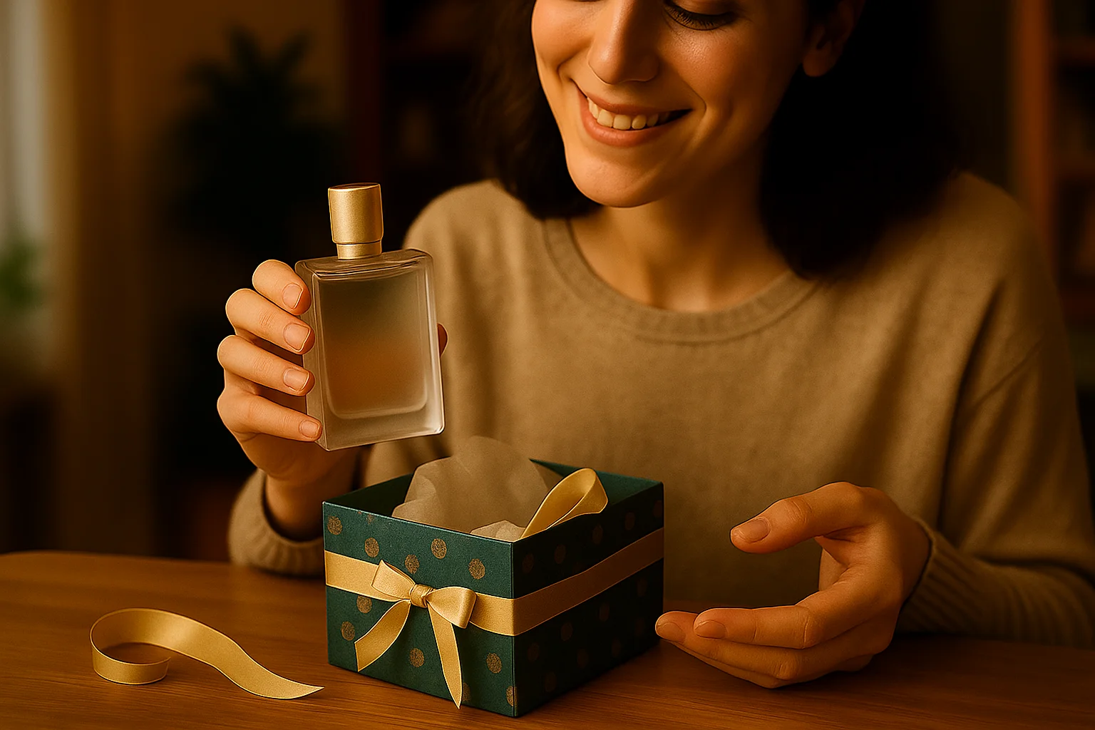 زنی با لبخند در حال باز کردن هدیه عطر نشسته در یک اتاق ارام