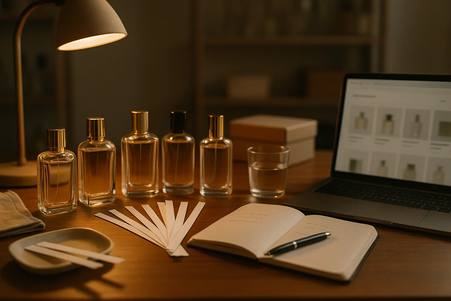 میز چوبی با چند شیشه عطر، نوارهای تست بویایی، دفترچه یادداشت و لپ‌تاپ برای مقایسه و انتخاب عطر هدیه