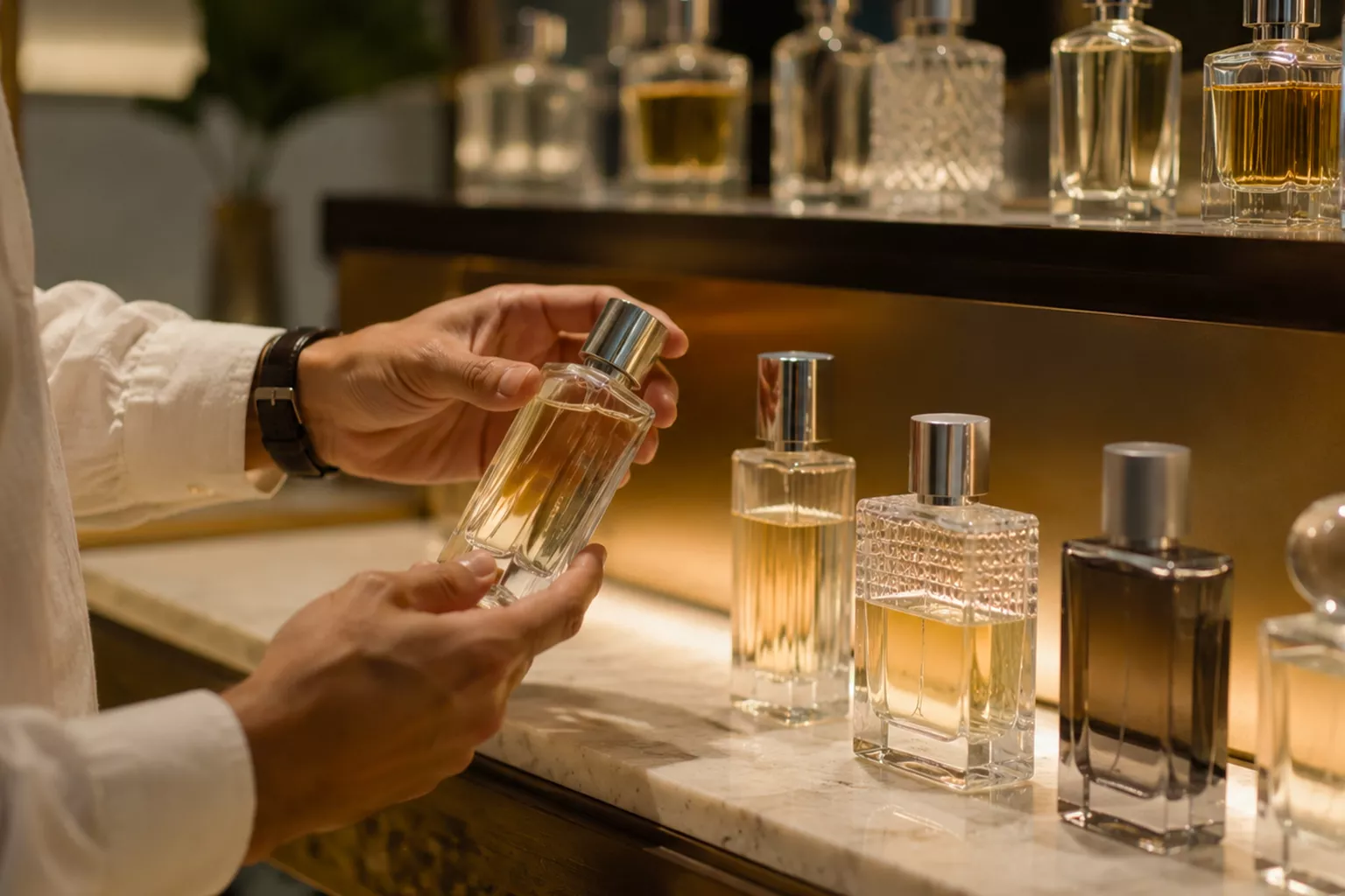 دست مردی در حال مقایسه و انتخاب چند بطری عطر لوکس بدون برند در یک فروشگاه تخصصی عطر