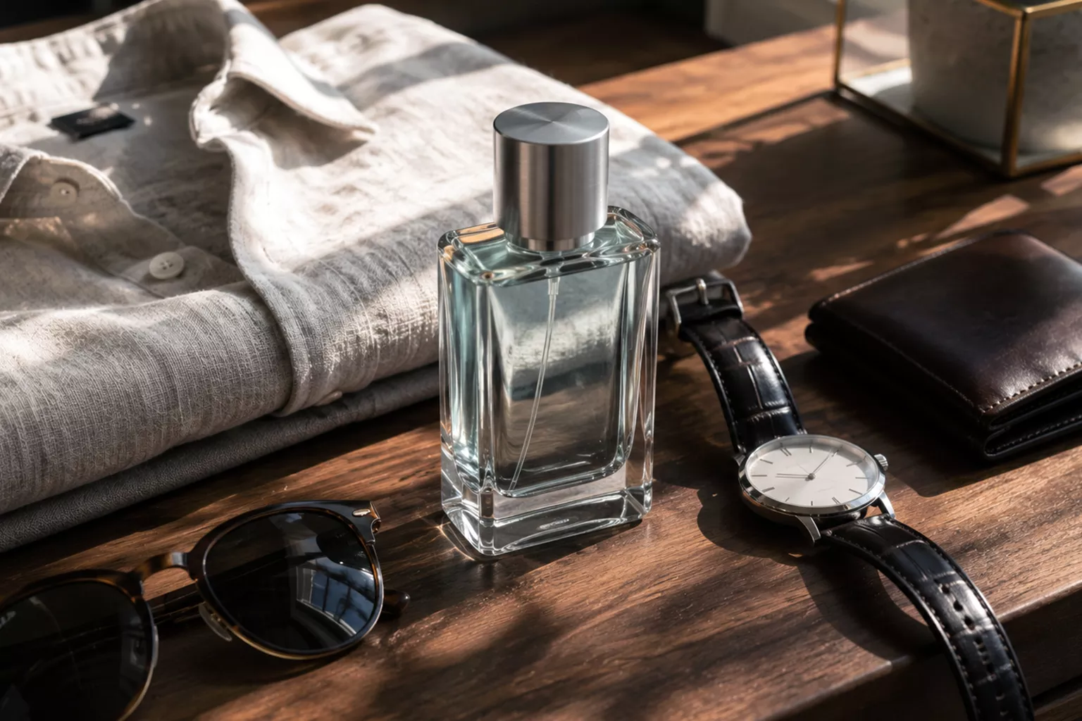 بطری عطر مردانه لوکس در کنار ساعت، عینک آفتابی و کیف پول چرمی که مفهوم عطر امضای روزانه را نمایش می‌دهد