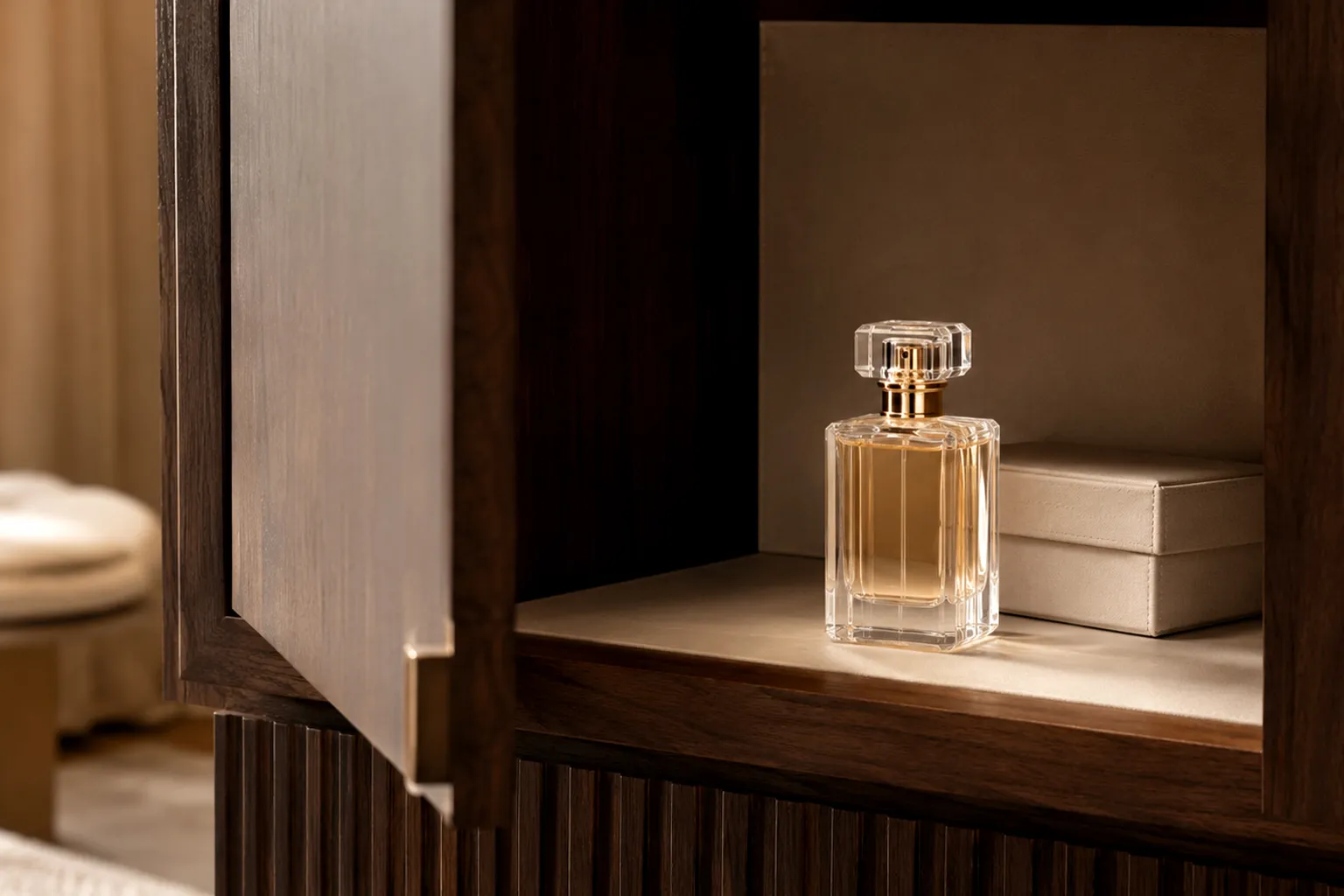 شیشه عطر ایستاده داخل کابینت چوبی خنک و تاریک، دور از نور مستقیم خورشید