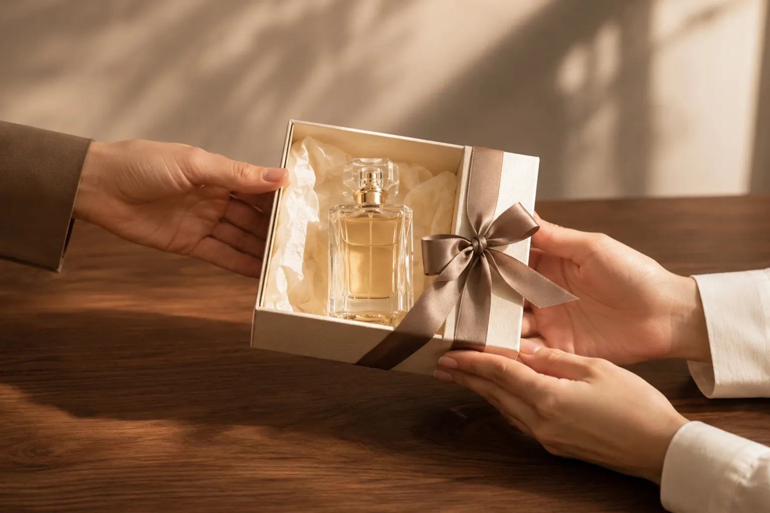 جعبه هدیه باز حاوی شیشه عطر که با محبت میان دو نفر ردوبدل می‌شود