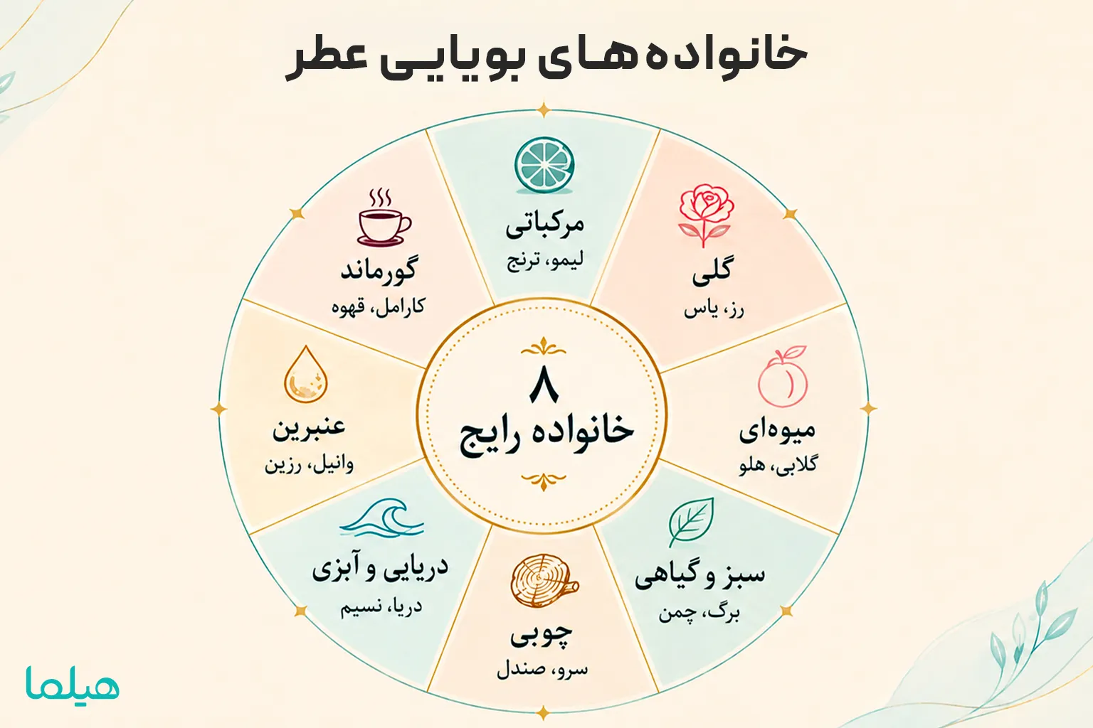 چرخ خانوادههای بویایی عطر اینفوگرافیک چرخ خانوادههای بویایی عطر شامل هشت خانواده رایج مانند مرکباتی، گلی، میوهای، سبز، چوبی، دریایی، عنبرین و گورماند