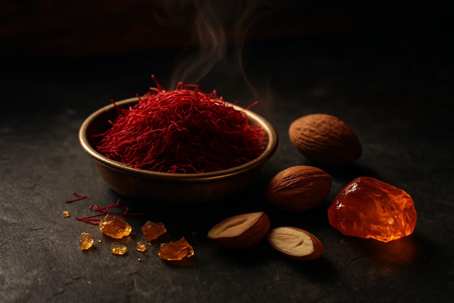 زعفران، بادام و کهربای گرم در باکارات رژ ۵۴۰ اکسترایت ترکیب هنری دانههای زعفران، بادام تلخ و رزینهای کهربایی روی سطح تیره با نور قرمز و طلایی ملایم