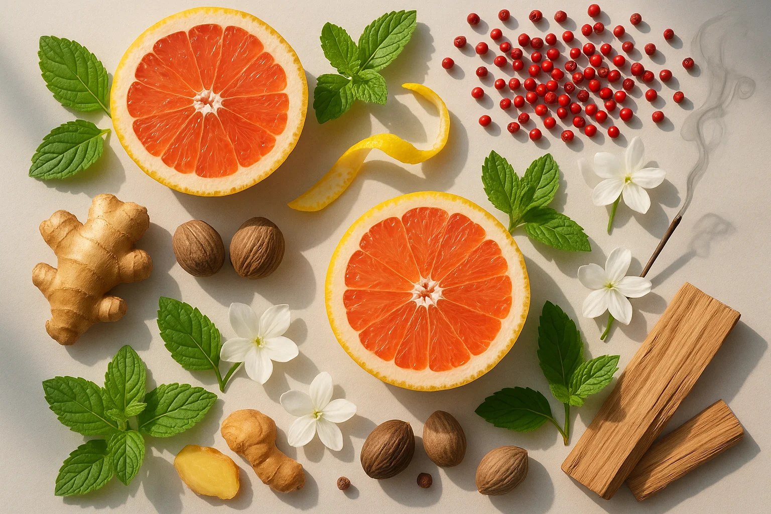 ترکیب هنری و روشن از گریپ‌فروت، لیمو، نعناع, فلفل صورتی، زنجبیل و چوب‌های معطر با نور طبیعی.