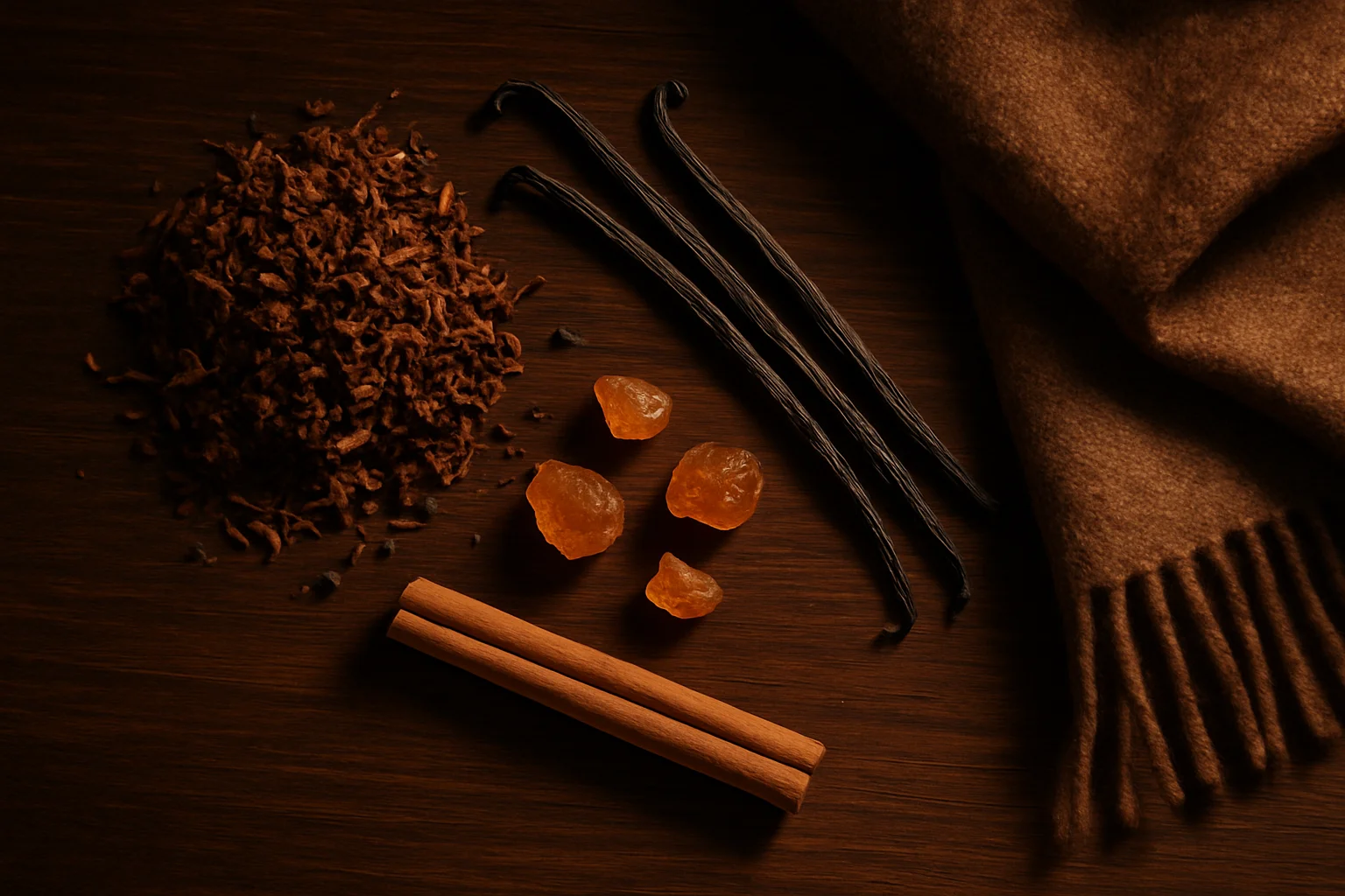 نتهای تنباکویی و کهربایی عطر کاپیتان بلک چیدمان هنری تنباکوی پیپ، غلاف وانیل، قطعات کهربا و چوب دارچین روی چوب تیره – نتهای عطر کاپیتان بلک