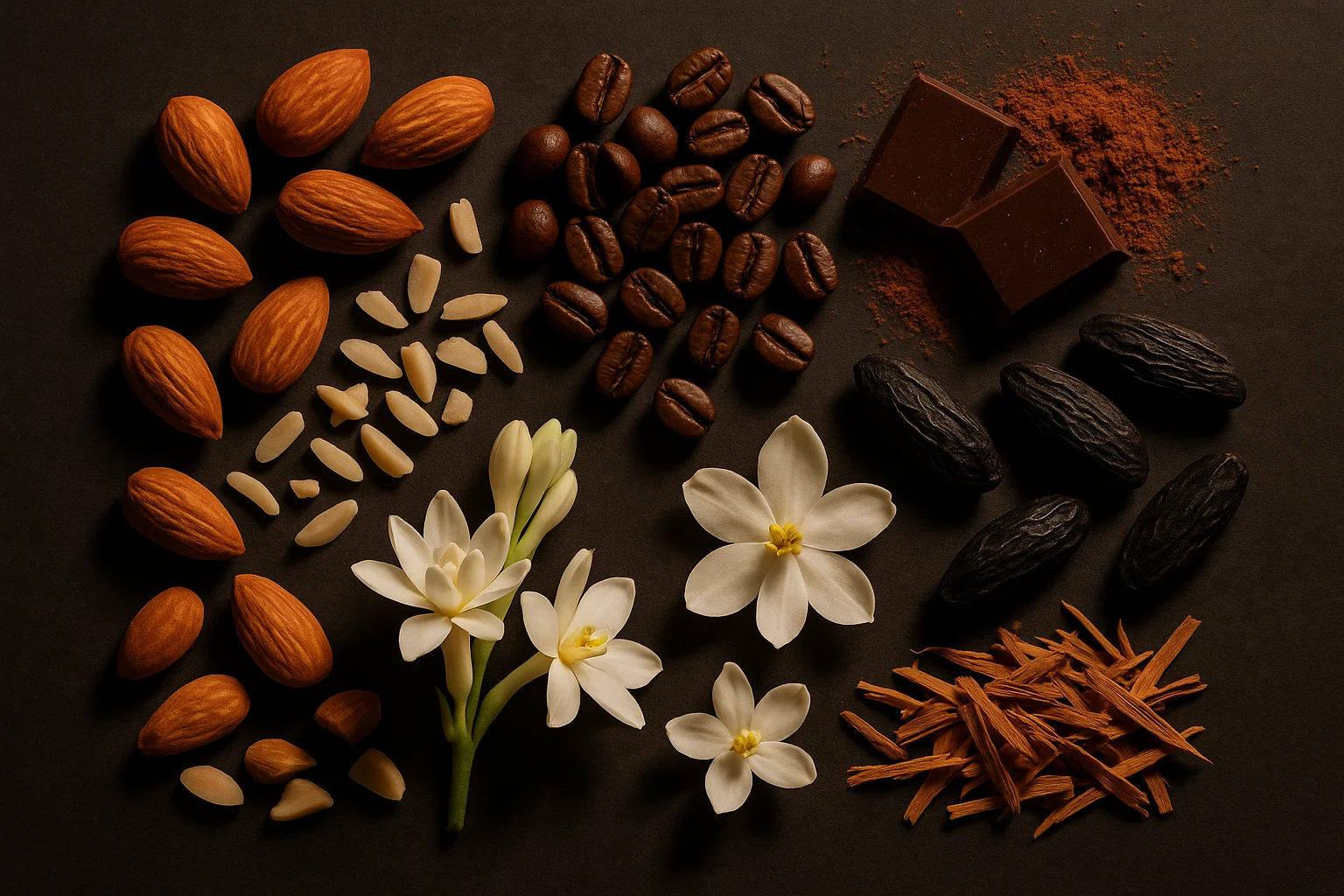 چیدمان هنری نتهای بادام، قهوه، گلهای سفید و کاکائو در عطر گود گرل فلتلی هنری از بادام، دانه قهوه، شکلات تلخ، گل مریم و یاس، تونکا و تراشههای چوب صندل روی زمینه تیره؛ نمادی از نتهای گلی و گورماند عطر گود گرل