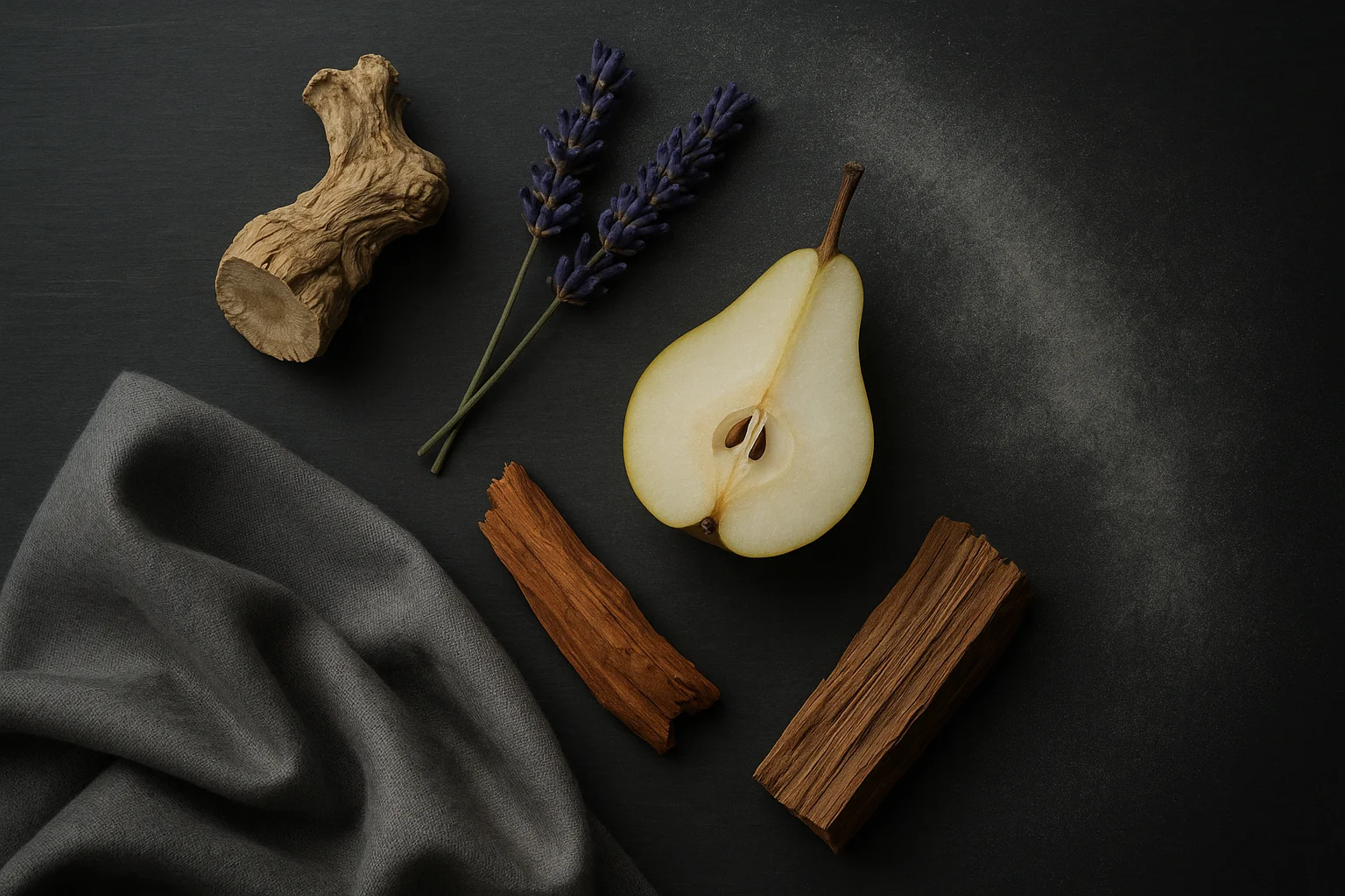 چیدمان هنری نتهای زنبق پودری، اسطوخودوس و چوب در دیور هوم اینتنس فلترلای روی سطح تیره شامل ریشه زنبق، اسطوخودوس، گلابی، چوب سدر و تکهای پارچه کتوشلواری با لایهای پودر ملایم روی آن.