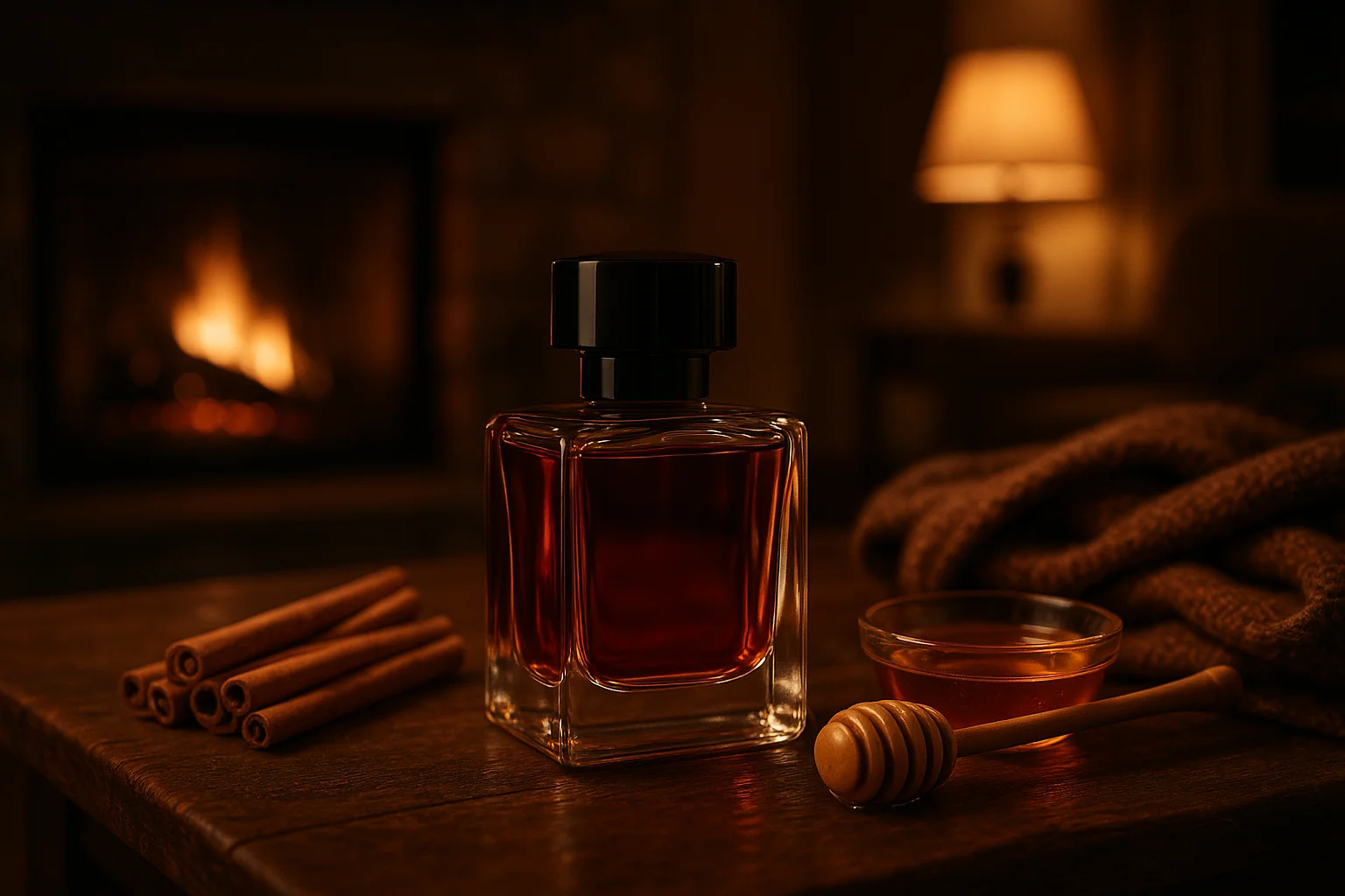نمای نزدیک از شیشه عطری با مایع کهربایی در کنار دارچین، عسل و شال پشمی در یک نشیمن زمستانی دنج، مناسب حال‌وهوای گرم اوجان
