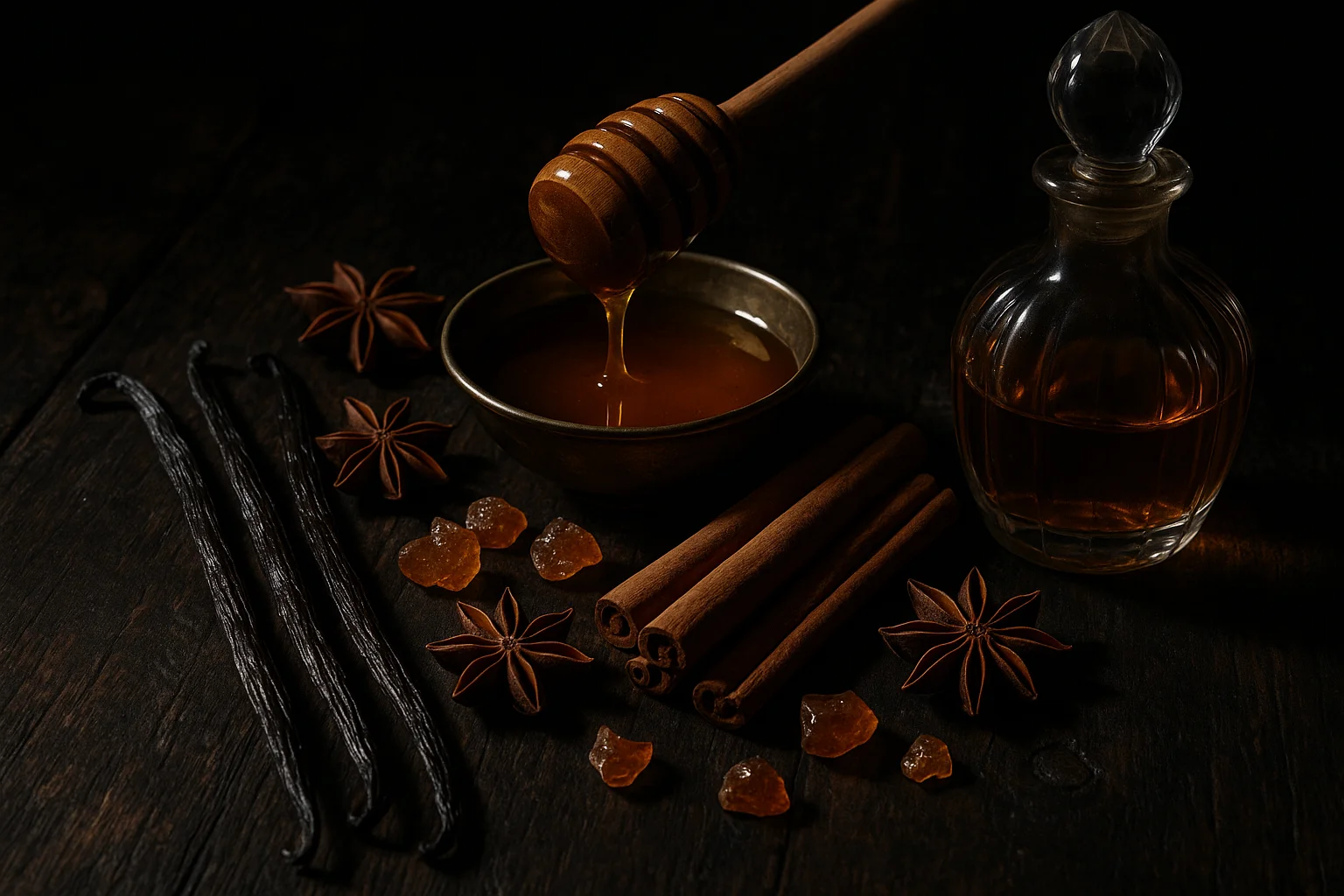 استیل‌لایف تیره از چوب دارچین، وانیل، انیس، رزین‌های کهربایی و شیشه عطر که فضای گورماند و ادویه‌ای پارفومز دی مارلی اوجان را نشان می‌دهد