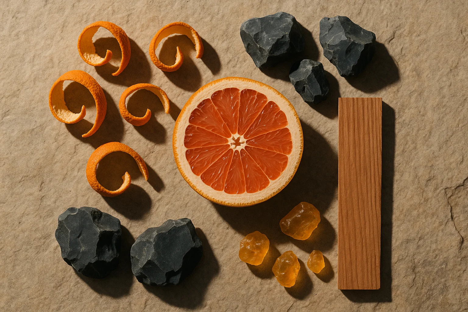 نتهای سیتروسی خشک، حس زمینی و چوب گرم در عطر تق هرمس پرفیوم چیدمان هنری از پوست پرتقال و گریپفروت خشک، سنگ معدنی، تکههای چوب سدر و رزین بنزوئین روی زمینه روشن بهعنوان نمادی از نتهای عطر تق هرمس پرفیوم